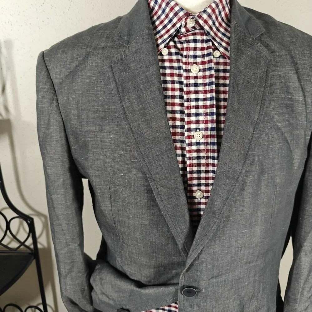 Pronto‎ Uomo Blue Men's Sport Coat Blazer Two Button Gray Linen Cotton Size XL